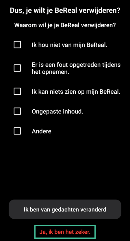 BeReal scherm voor het verwijderen van een BeReal waarbij
