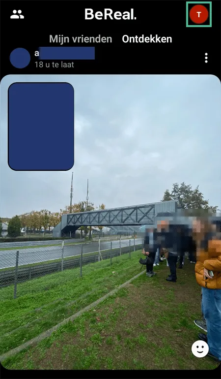 BeReal scherm waarbij de profielfoto van de gebruiker is uitgelicht
