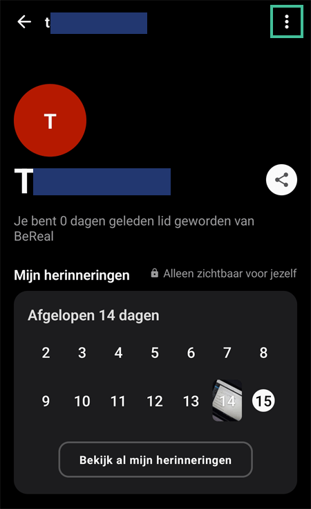 BeReal scherm waarbij de drie bolletjes voor instellingen zijn uitgelicht