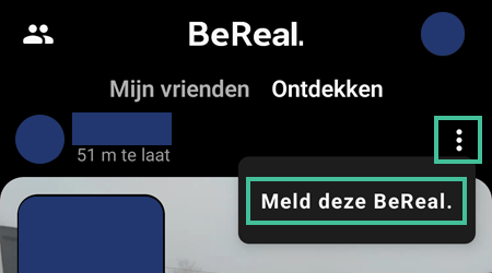 BeReal scherm waarbij de drie bolletjes voor instellingen en 'Meld deze BeReal
