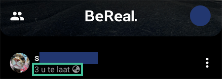 BeReal scherm waarbij te zien is dat iemand zijn BeReal te laat geplaatst heeft