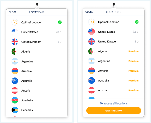 Serverlijst van Betternet Premium en Betternet Free naast elkaar