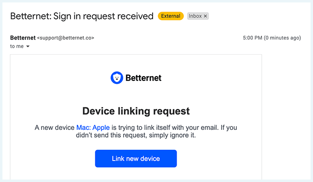 e-mail die je krijgt als je een device wil linken via Betternet