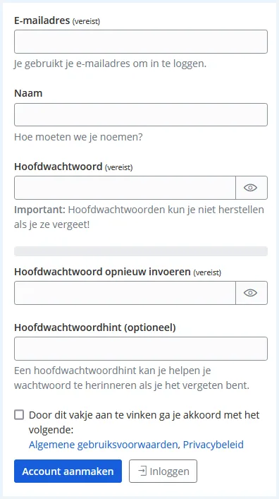 Bitwarden formulier om een Bitwarden-account aan te maken
