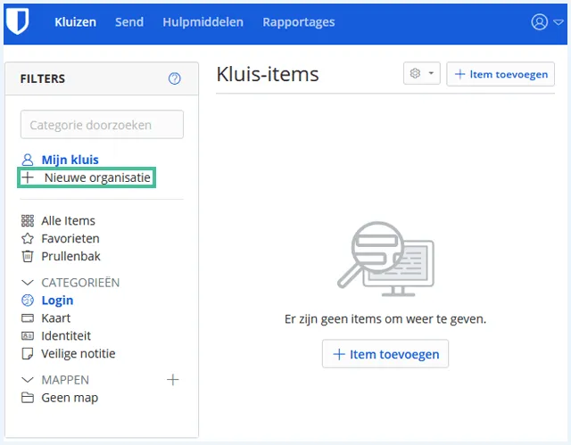 Bitwarden kluizen met de optie "Nieuwe organisatie" uitgelicht