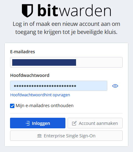 Bitwarden inlogscherm