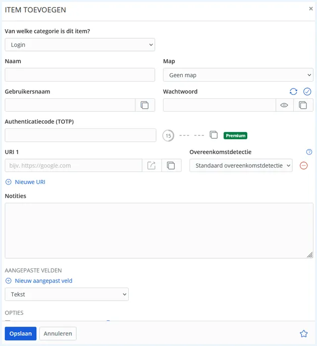 Bitwarden formulier om een item toe te voegen