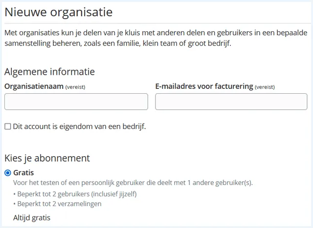 Bitwarden formulier om een nieuwe organisatie aan te maken