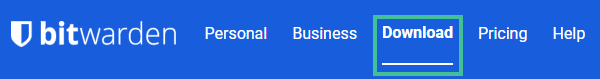 Bitwarden website homepage waarbij "Download" in het menu is uitgelicht