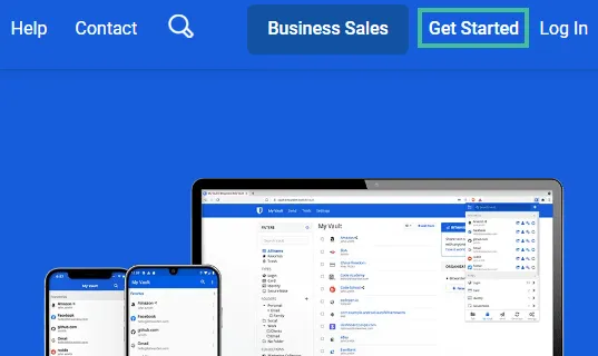 Bitwarden website homepage waarbij "Get Started" is uitgelicht