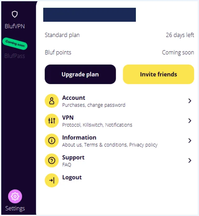 BlufVPN app-instellingen