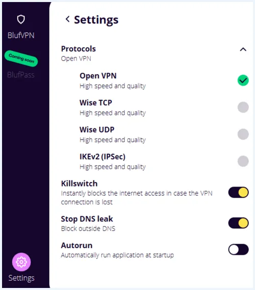 BlufVPN app protocollen