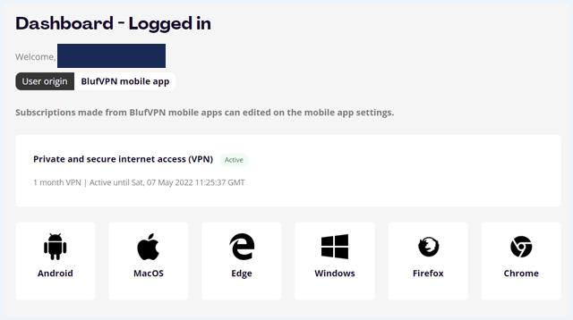 BlufVPN website dashboard
