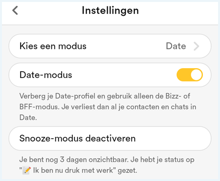 Bumble instellingen wanneer de app geznoozed is
