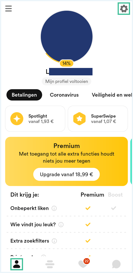 Bumble profiel waarbij het account-icoontje en het tandwieltje zijn uitgelicht
