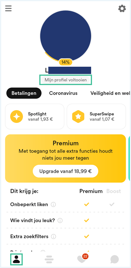 Bumble profiel waarbij het account-icoontje en 