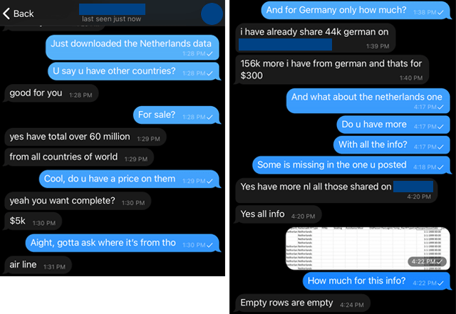 Screenshot van een chat met een verkoper van gelekte gegevens van een luchtvaartmaatschappij