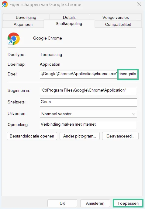 Windows tabblad Snelkoppeling onder Eigenschappen waarbij