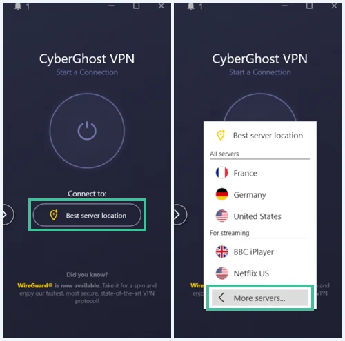 CyberGhost app homescherm waarbij "best server location" is omcirkeld