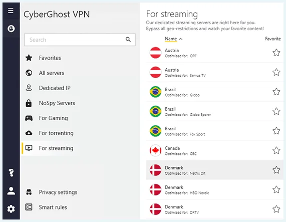 CyberGhost streaming servers