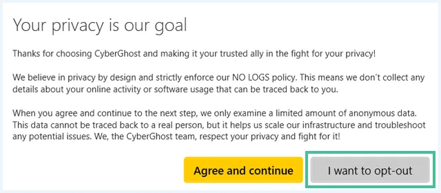 CyberGhost installatiewizard 'Your privacy is our goal' waarin je kunt opt-outen voor dataverzameling