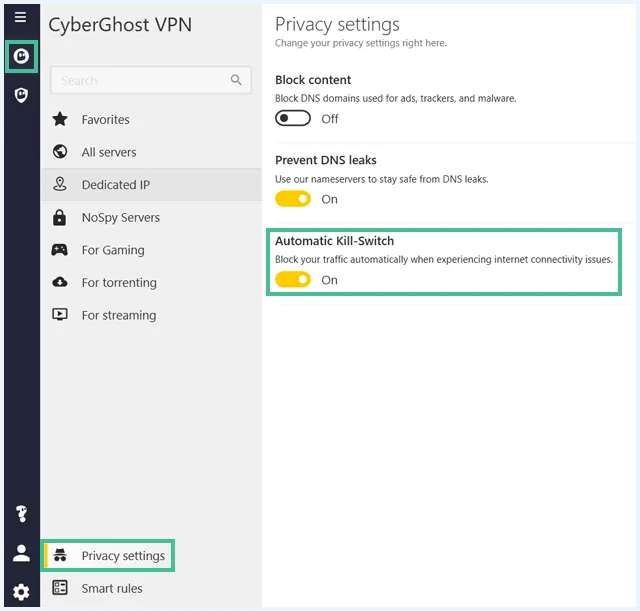 CyberGhost software waarbij de stappen om de kill switch aan te zetten zijn uitgelicht