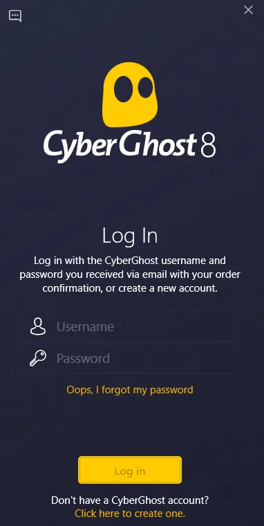 CyberGhost loginscherm