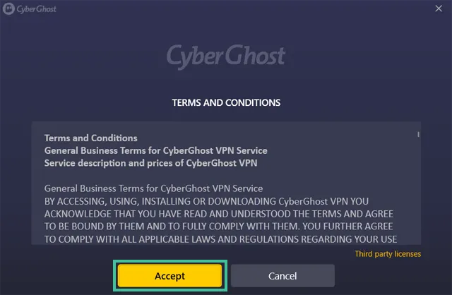 Screenshot van CyberGhost app met de keuze om terms and conditions te accepteren of weigeren