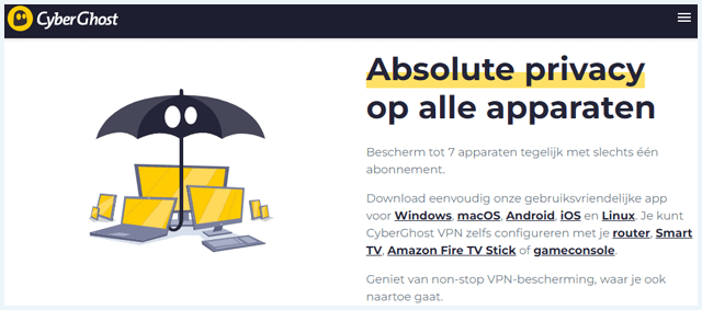 Paragraaf op de CyberGhost website over het aantal apparaten dat wordt ondersteund