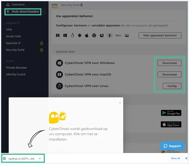 CyberGhost website accountpagina waarin de software wordt gedownload