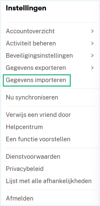 Dashlane menu 'Instellingen' waarbij 'Gegevens importeren' is uitgelicht