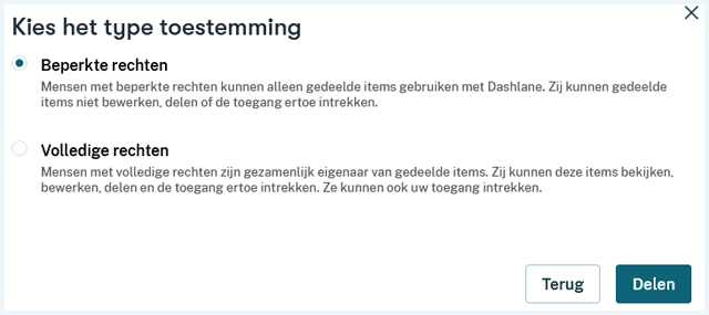 Dashlane toestemmingsopties voor het delen van gegevens