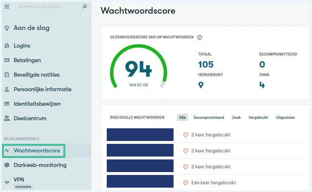 Dashlane software wachtwoordscore pagina