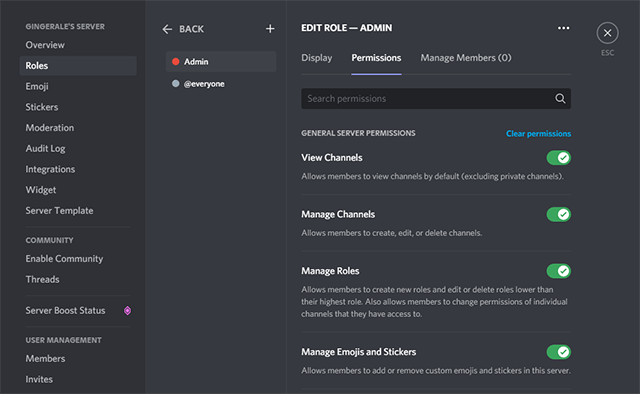 Discord pagina met de toestemmingen van bepaalde rollen