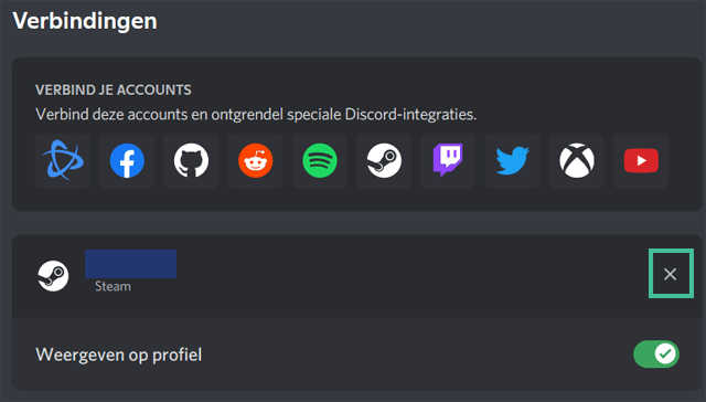 Discord verbindingen waarbij het kruisje om een verbinding te verwijderen is uitgelicht