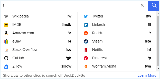 DuckDuckGo's !bang opties in de zoekbalk