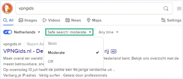 DuckDuckGo Safe Search opties