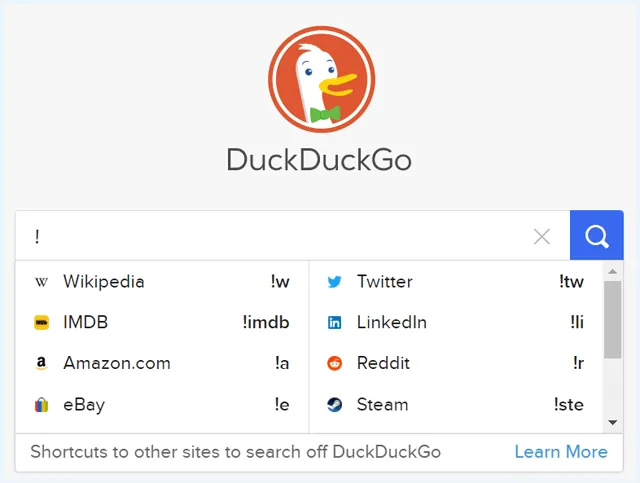 DuckDuckGo zoekmachine met commando's die je te zien krijgt al sje