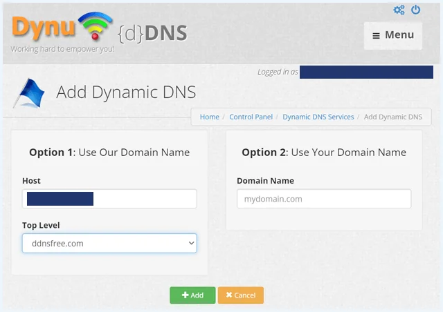 Dynu Add Dynamic DNS scherm