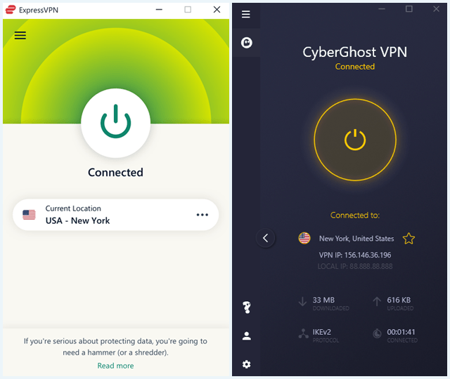 ExpressVPN en CyberGhost VPN client software naast elkaar
