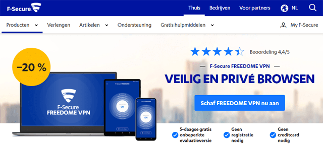 Landingspagina van F-Secure's FREEDOME VPN