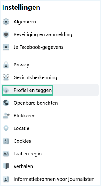 Facebook menu waarbij 
