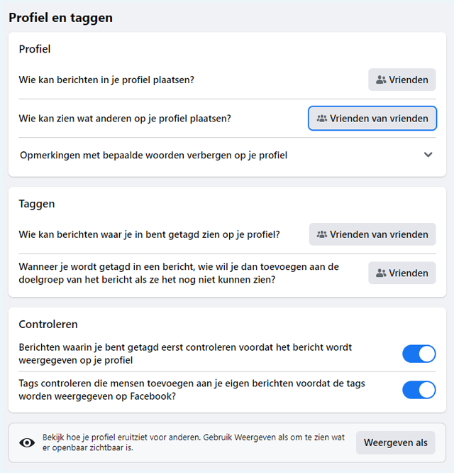 Facebook instellingen scherm 