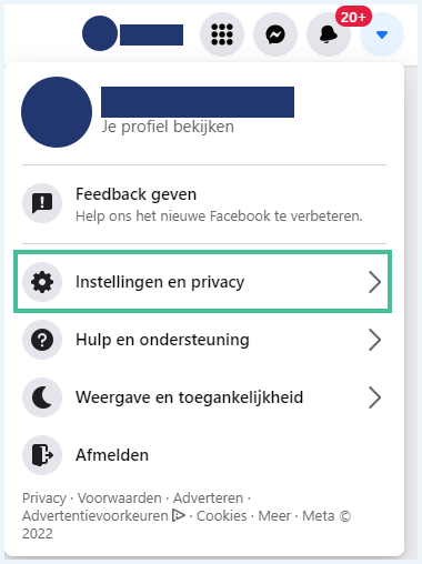 Facebook profiel menu waarbij 