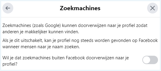 Facebook scherm om in te stellen dat je profiel niet in Google e.d. gevonden kan worden