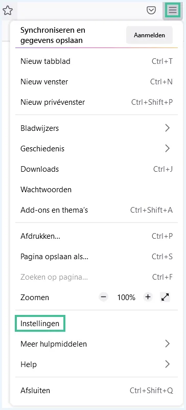 Firefox venster waarbij de drie streepjes voor het menu en Instellingen zijn uitgelicht