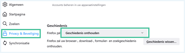 Firefox geschiedenis onthouden optie