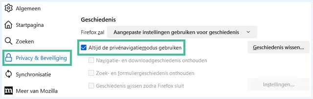Firefox instellingen waarbij