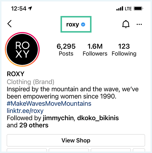 Een geverifieerde pagina op Instagram, te zien aan het vinkje