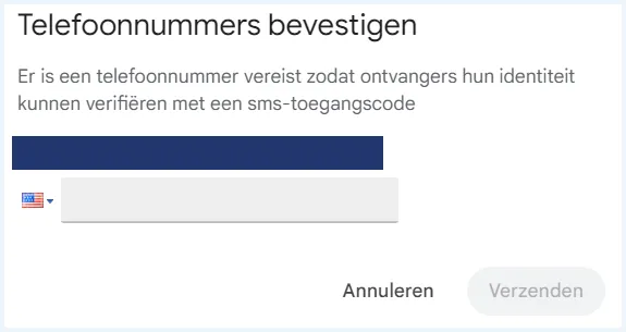 Gmail optie om een telefoonnummer toe te voegen waarmee ontvangers hun identiteit moeten bevestigen